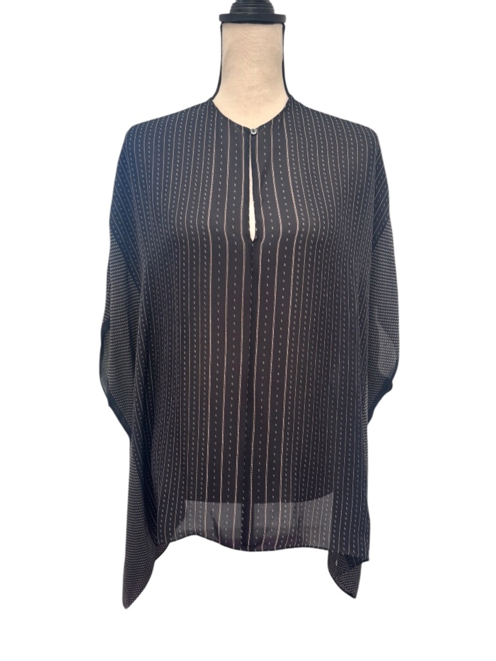 VINCE BLACK & CREAM SILK STRIPED OVERSIZED BOXY SHORT SLEEVE PONCHO TOP